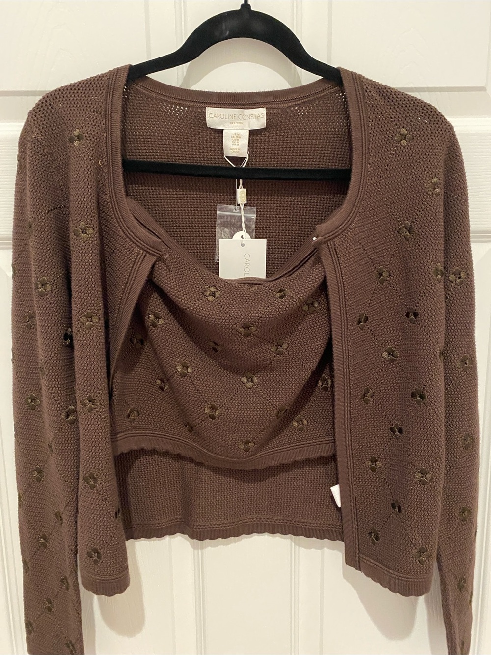 Caroline Constas Chocolate Brown Eyelet Knit Cardigan